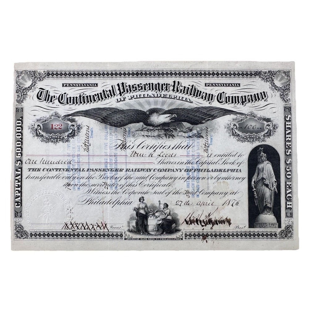 1876 The Continental Passenger Railway Company Stock Certificate‎ - Low Serial #